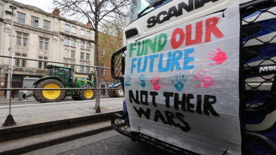 Vehicles take part on the fourth day of a National Fuel Protest against rising fuel prices on O'Connell Street in Dublin, Ireland, on April 10, 2026.
