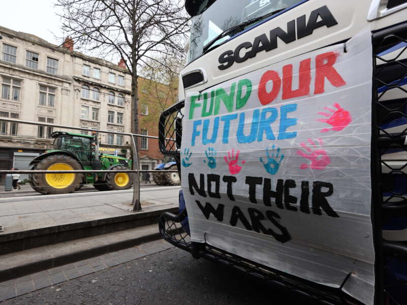 Vehicles take part on the fourth day of a National Fuel Protest against rising fuel prices on O'Connell Street in Dublin, Ireland, on April 10, 2026.