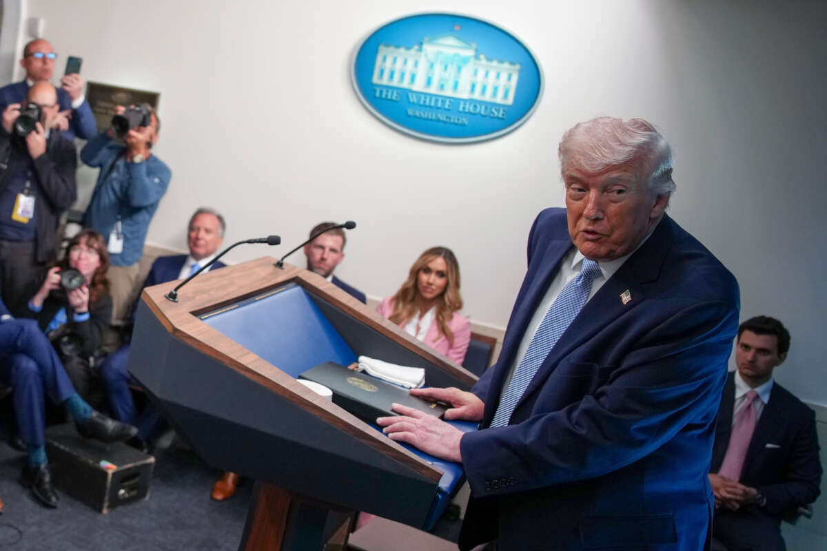 U.S. President Donald Trump speaks during a news conference in James S. Brady Press Briefing Room of the White House on April 6, 2026, in Washington, D.C.