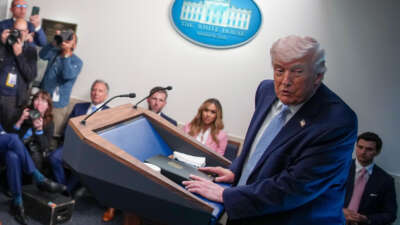 U.S. President Donald Trump speaks during a news conference in James S. Brady Press Briefing Room of the White House on April 6, 2026, in Washington, D.C.