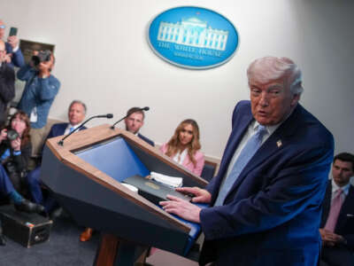 U.S. President Donald Trump speaks during a news conference in James S. Brady Press Briefing Room of the White House on April 6, 2026, in Washington, D.C.