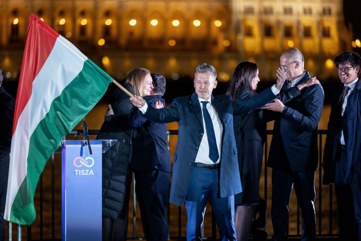 Peter Magyar, who unseated Prime Minister Viktor Orbán, speaks to supporters after polling stations closed during Hungarian parliamentary elections on April 12, 2026, in Budapest, Hungary.