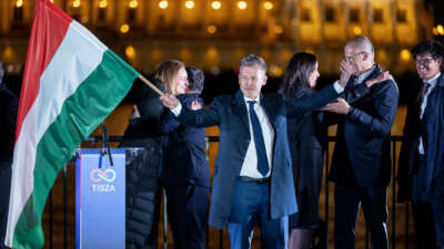 Peter Magyar, who unseated Prime Minister Viktor Orbán, speaks to supporters after polling stations closed during Hungarian parliamentary elections on April 12, 2026, in Budapest, Hungary.