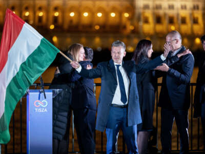 Peter Magyar, who unseated Prime Minister Viktor Orbán, speaks to supporters after polling stations closed during Hungarian parliamentary elections on April 12, 2026, in Budapest, Hungary.