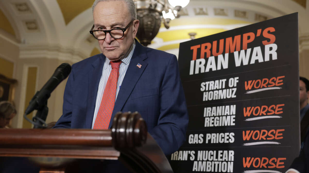 U.S. Senate Minority Leader Chuck Schumer speaks during a news conference following a weekly Democrat policy luncheon at the U.S. Capitol on April 14, 2026, in Washington, D.C.
