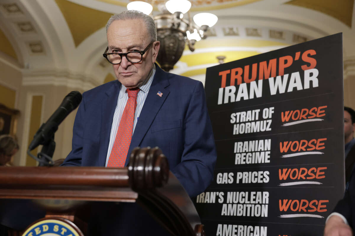 U.S. Senate Minority Leader Chuck Schumer speaks during a news conference following a weekly Democrat policy luncheon at the U.S. Capitol on April 14, 2026, in Washington, D.C.
