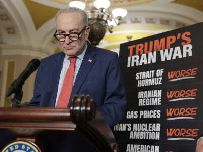 U.S. Senate Minority Leader Chuck Schumer speaks during a news conference following a weekly Democrat policy luncheon at the U.S. Capitol on April 14, 2026, in Washington, D.C.
