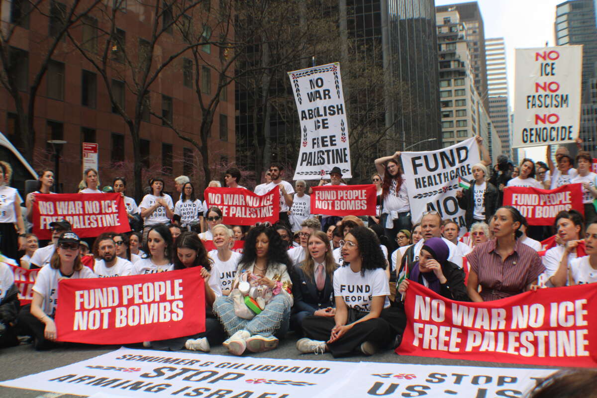 About 150 protesters block Third Avenue in Manhattan in front of the offices of Senators Chuck Schumer and Kirsten Gillibrand on April 13, 2026.