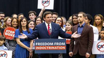 Florida Gov. Ron DeSantis speaks at a news conference after signing HB 7, known as the "Stop Woke Act," in Hialeah Gardens, Florida, on April 22, 2022.