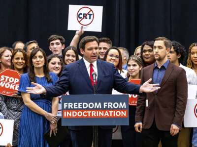 Florida Gov. Ron DeSantis speaks at a news conference after signing HB 7, known as the "Stop Woke Act," in Hialeah Gardens, Florida, on April 22, 2022.