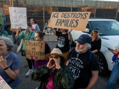 Dozens of people participate in an anti-Immigration and Customs Enforcement (ICE) rally outside of the Brooklyn Metropolitan Detention Center on September 02, 2025, in New York City.