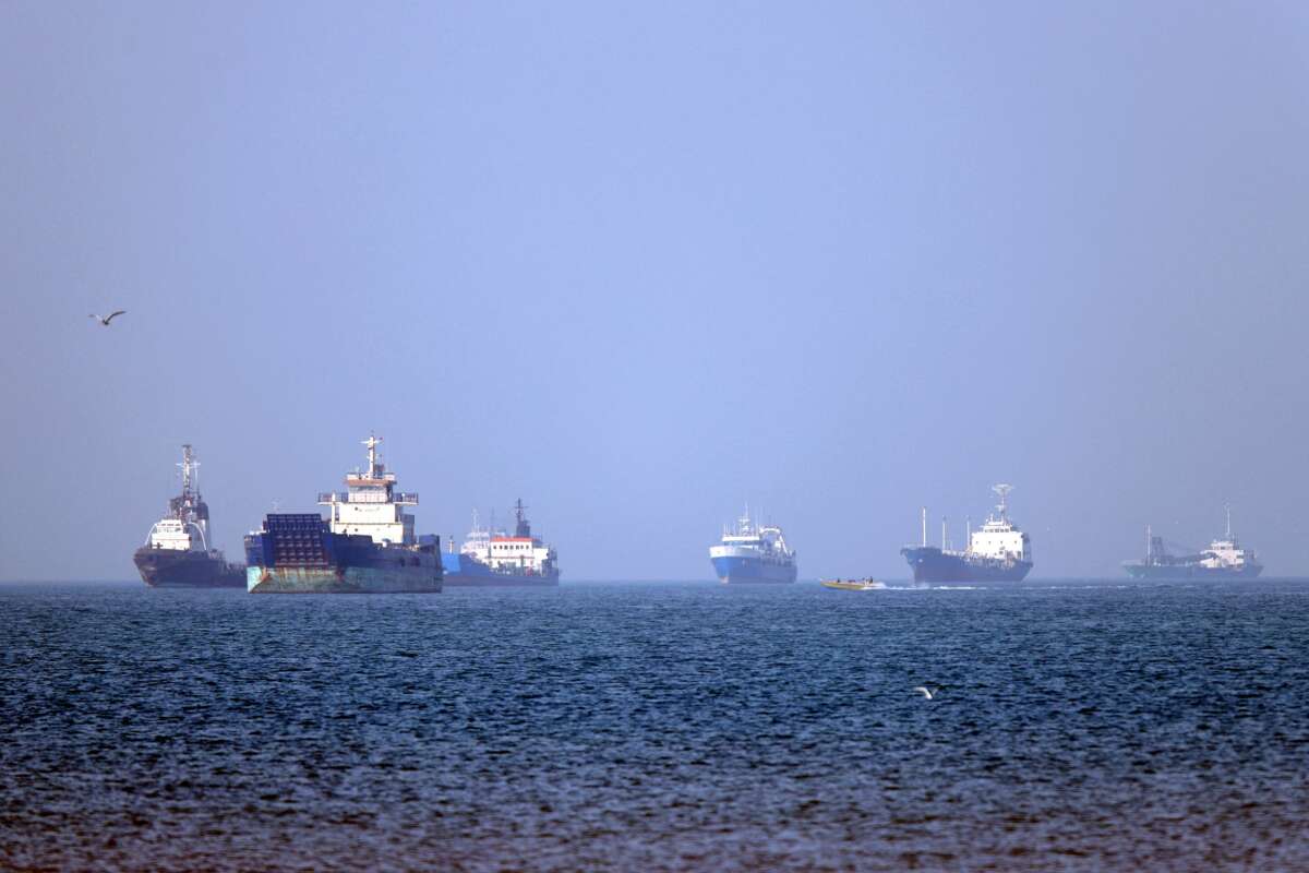 Vessels are pictured anchored in the Strait of Hormuz off Bandar Abbas in southern Iran on May 4, 2026.