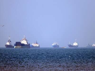 Vessels are pictured anchored in the Strait of Hormuz off Bandar Abbas in southern Iran on May 4, 2026.