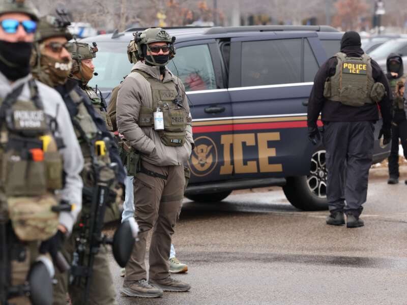 US Homeland Security Investigations agents stand guard in Minneapolis, Minnesota, on January 8, 2026, a day after an ICE agent killed Renee Good.