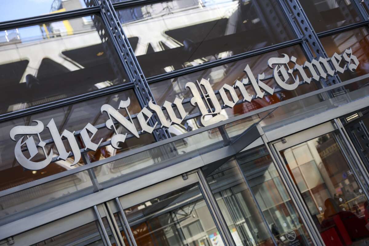 The New York Times logo is seen on the building's facade in New York City on January 22, 2026.