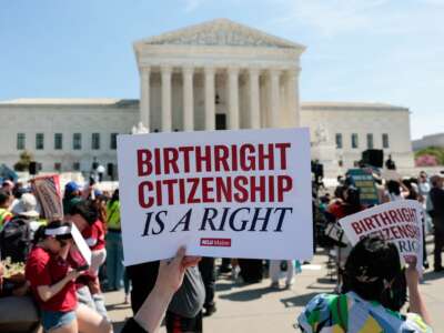 Demonstrators rally in support of birthright citizenship outside the US Supreme Court in Washington, DC on April 1, 2026. President Donald Trump attended in person as the US Supreme Court heard a landmark case weighing the constitutionality of his contentious bid to end birthright citizenship.