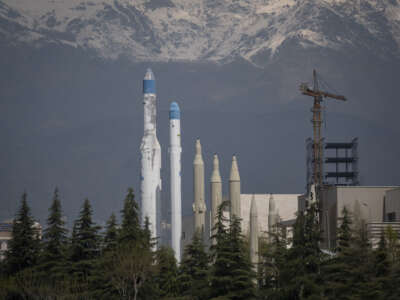Iran-made ballistic missiles and two satellite carriers are displayed at a war museum in Tehran, Iran, on April 2, 2026, amid U.S.-Israeli military operations in Iran.