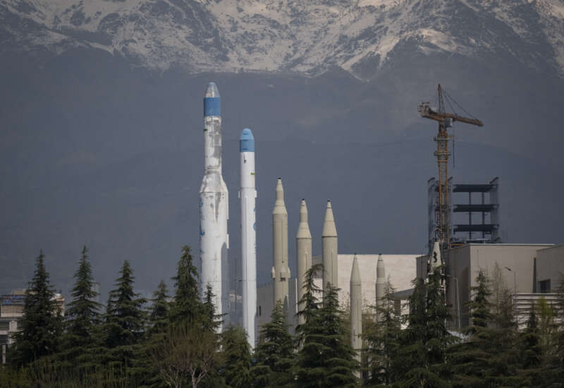 Iran-made ballistic missiles and two satellite carriers are displayed at a war museum in Tehran, Iran, on April 2, 2026, amid U.S.-Israeli military operations in Iran.