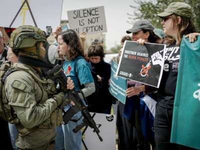 Israeli and Palestinian activists protest against the new death penalty law, approved earlier this week by the Knesset, on April 3, 2026 in Beit Jala, in the occupied West Bank.