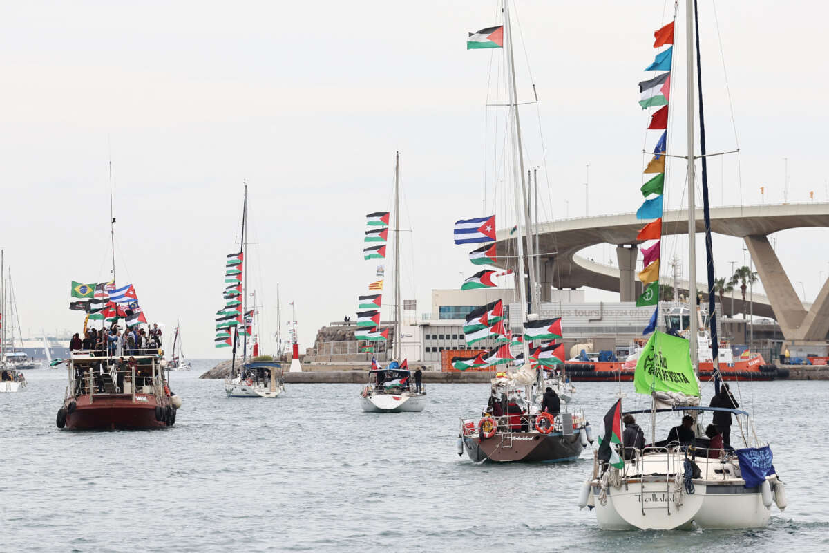 Boats of a new humanitarian flotilla bound for the Gaza Strip at Barcelona's Port Vell on April 12, 2026.