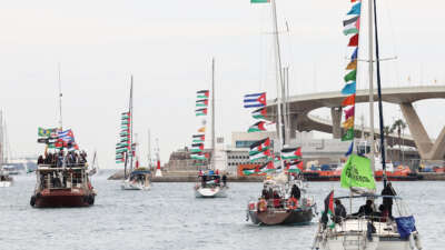 Boats of a new humanitarian flotilla bound for the Gaza Strip at Barcelona's Port Vell on April 12, 2026.