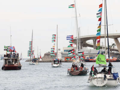 Boats of a new humanitarian flotilla bound for the Gaza Strip at Barcelona's Port Vell on April 12, 2026.