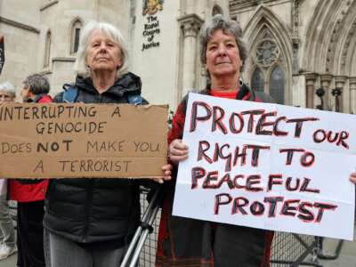 Supporters of Palestine Action demonstrate against the ban on the activist group Palestine Action on April 28, 2026.