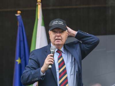 Sen. Lindsey Graham speaks to the people during a demonstration on Iran at Theresienwiese during the 62nd Munich Security Conference on February 14, 2026 in Munich, Germany.