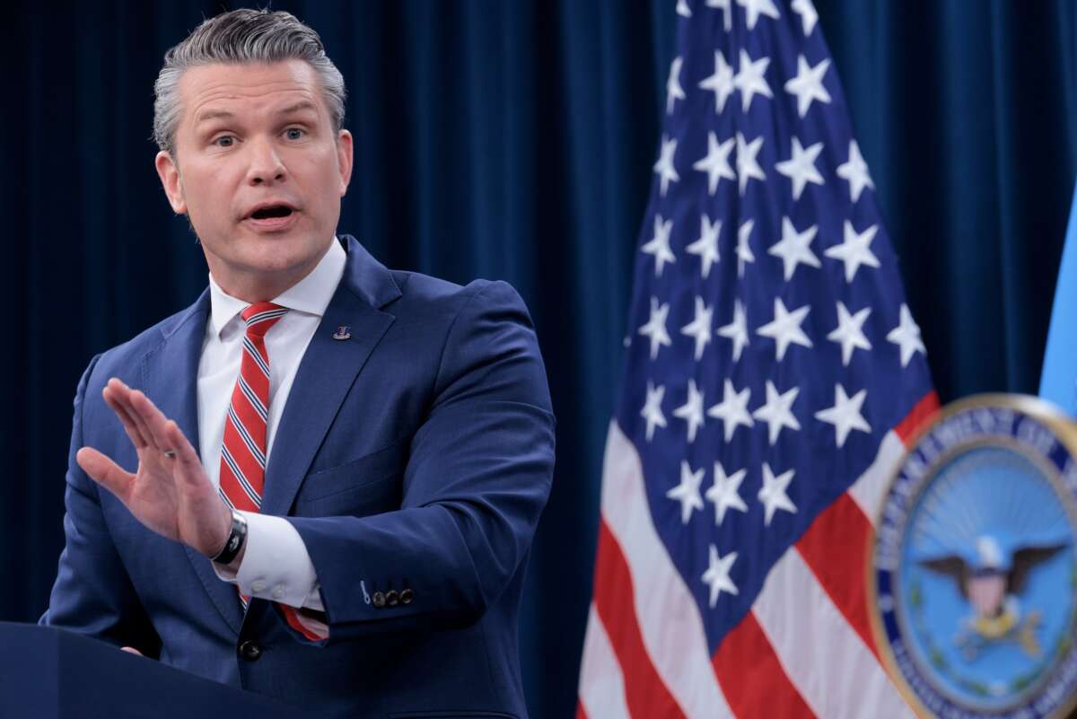U.S. Secretary of Defense Pete Hegseth speaks to reporters during a press briefing at the Pentagon on May 5, 2026 in Arlington, Virginia.