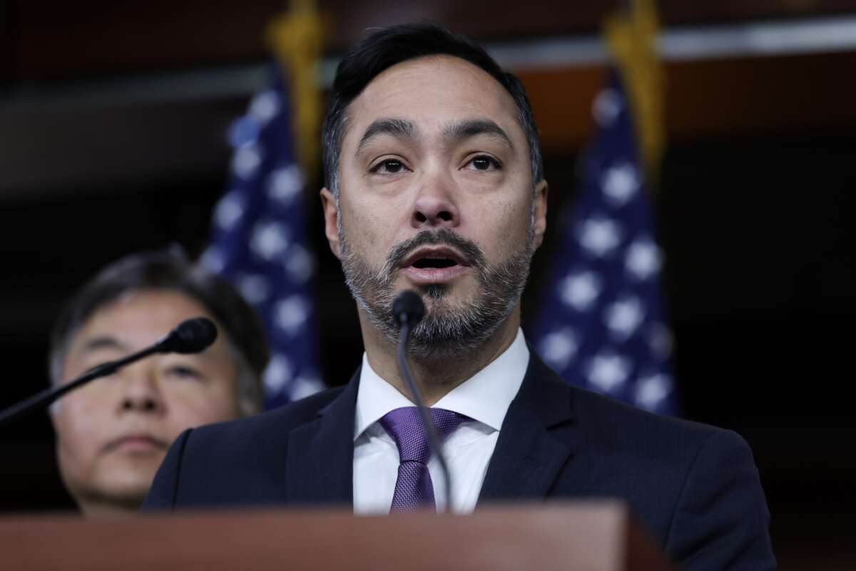 Rep. Joaquin Castro (D-Texas) speaks during a press conference in the U.S. Capitol on January 23, 2025 in Washington, D.C.