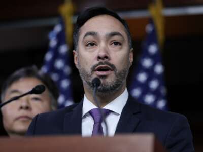 Rep. Joaquin Castro (D-Texas) speaks during a press conference in the U.S. Capitol on January 23, 2025 in Washington, D.C.