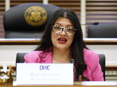 Rep. Rashida Tlaib (D-Michigan) speaks during a hearing at the Rayburn House Office Building on April 28, 2026 in Washington, D.C.