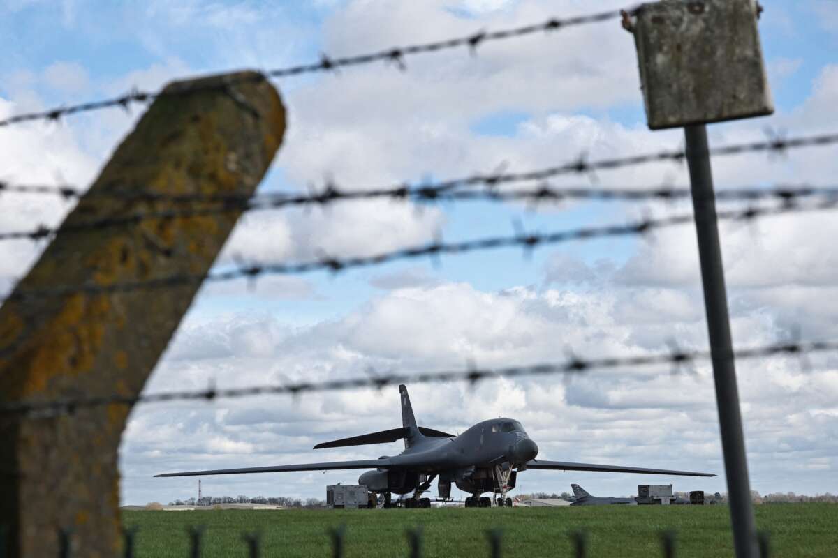 U.S. Air Force (USAF) B-1 Lancer bomber jets stand parked on the tarmac at RAF Fairford in south-west England on March 10, 2026. Fairford is one of two bases, along with the Diego Garcia facility in the Indian Ocean, that the UK has given the U.S. permission to use for "specific defensive operations into Iran" to destroy Iranian missiles at source, the British defense minister said in a statement.