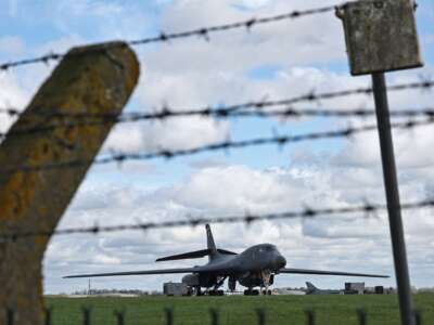 U.S. Air Force (USAF) B-1 Lancer bomber jets stand parked on the tarmac at RAF Fairford in south-west England on March 10, 2026. Fairford is one of two bases, along with the Diego Garcia facility in the Indian Ocean, that the UK has given the U.S. permission to use for "specific defensive operations into Iran" to destroy Iranian missiles at source, the British defense minister said in a statement.
