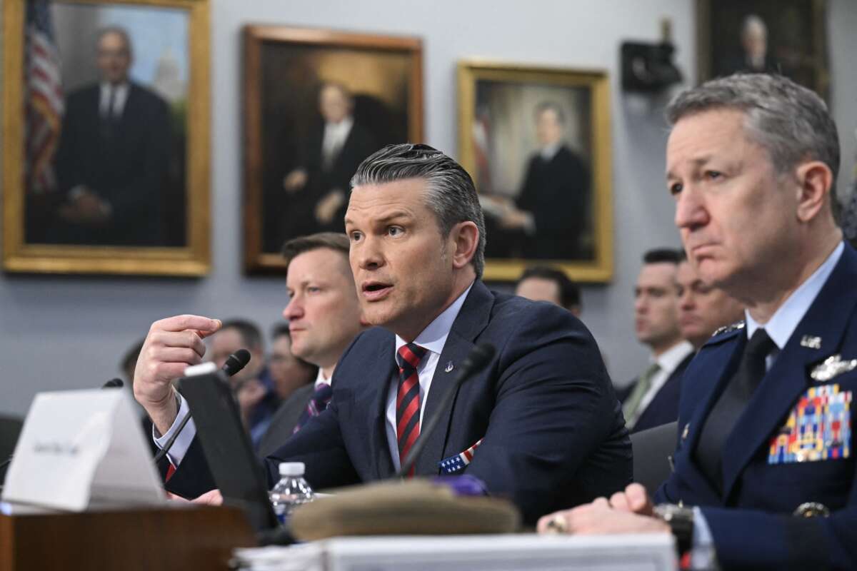Secretary of Defense Pete Hegseth and Chairman of the Joint Chiefs of Staff Gen. Dan Caine testify during a House Committee on Appropriations hearing to examine the 2027 budget for the Department of Defense on Capitol Hill in Washington, DC, on May 12, 2026.