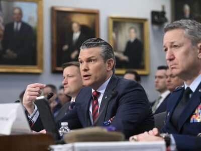 Secretary of Defense Pete Hegseth and Chairman of the Joint Chiefs of Staff Gen. Dan Caine testify during a House Committee on Appropriations hearing to examine the 2027 budget for the Department of Defense on Capitol Hill in Washington, DC, on May 12, 2026.