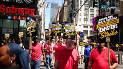 Long Island Rail Road (LIRR) workers picket in front of Penn Station in New York City on May 17, 2026. LIRR workers went on strike on May 16 after failing to reach a new contract with the Metropolitan Transportation Authority.