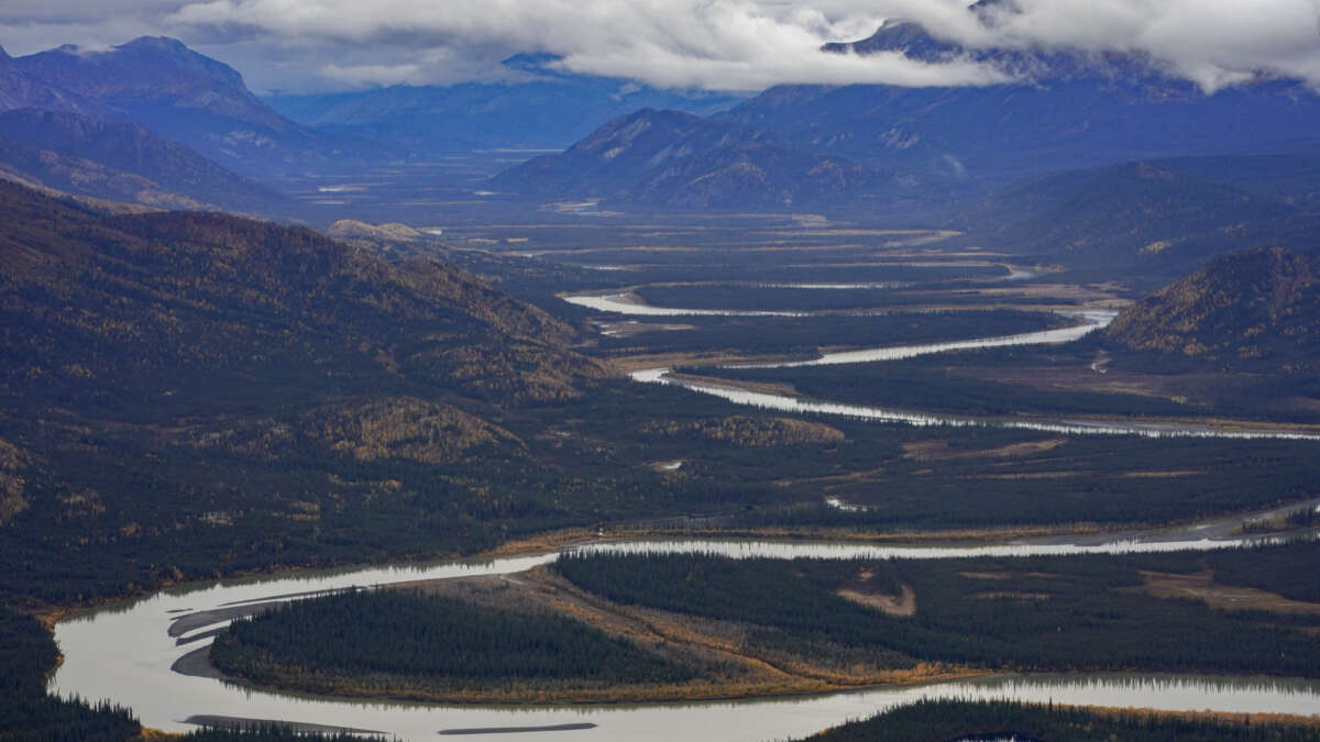 A slow moving serpentine river snakes outside Gates of the Arctic National Park and Preserve, in Alaska, on September 11, 2022. The Ambler Access Road, a controversial 211-mile industrial road has been proposed to link the Ambler mining district to the Dalton Highway, would run through the park, a significant wilderness area.