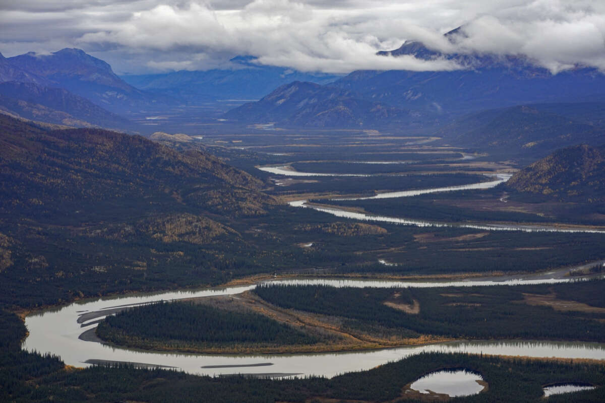 A slow moving serpentine river snakes outside Gates of the Arctic National Park and Preserve, in Alaska, on September 11, 2022. The Ambler Access Road, a controversial 211-mile industrial road has been proposed to link the Ambler mining district to the Dalton Highway, would run through the park, a significant wilderness area.