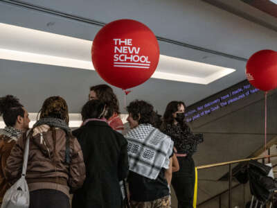 Student activists occupy a protest encampment in support of Palestine inside the New School on April 21, 2024, in New York City.