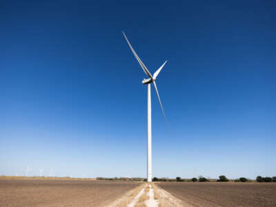 A wind turbine is visible in Lyford, Texas, near U.S. Route 77, on February 6, 2026.