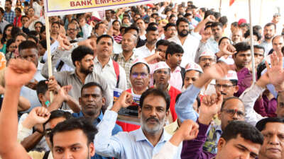 Bank employees and members of various trade unions gather at Azad Maidan as part of a nationwide Bharat Bandh, or general strike, on February 12, 2026, in Mumbai, India.