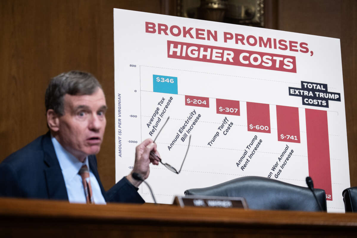 Sen. Mark Warner references higher prices while questioning Internal Revenue Service CEO Frank Bisignano during the Senate Finance Committee hearing titled "IRS 2026 Filing Season and IRS Operations," in Washington, D.C., on April 15, 2026.
