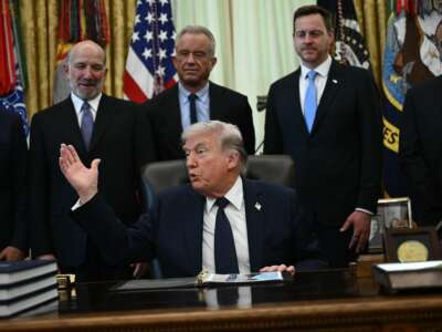 U.S. President Donald Trump speaks during a health care affordability event where he announced a deal with pharmaceutical company Regeneron to lower drug prices, in the Oval Office of the White House in Washington, D.C., on April 23, 2026.