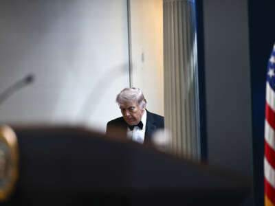 President Donald Trump arrives to speak during a press briefing in the Brady Briefing Room at the White House in Washington, D.C., shortly after a shooting incident at the White House Correspondents' Dinner on April 25, 2026.
