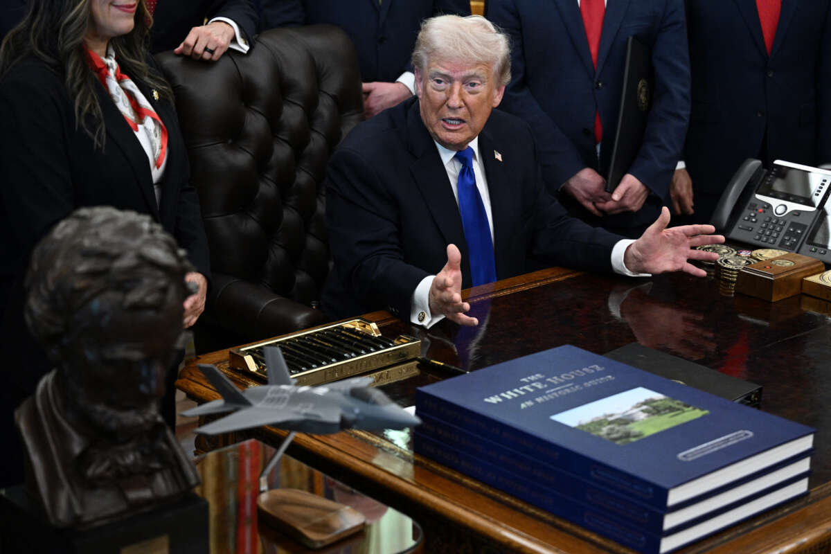 President Donald Trump speaks after signing several executive orders in the Oval Office of the White House in Washington, DC, on April 30, 2026.
