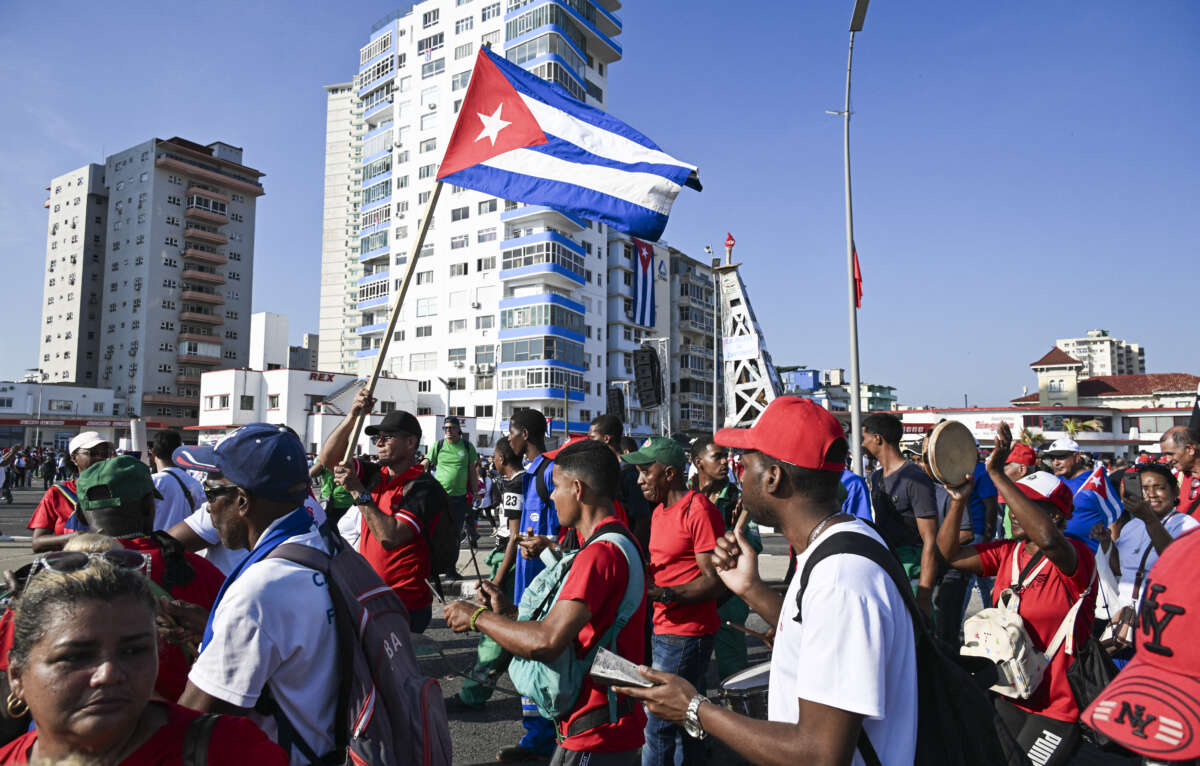 People march along Havana's waterfront to mark International Workers' Day at the Anti-Imperialist Platform in front of the U.S. Embassy in Havana, Cuba, on May 1, 2026.