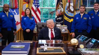 U.S. President Donald Trump speaks during an event with the Artemis II astronauts, pilot Victor Glover, mission specialist Christina Koch and commander Reid Wiseman in the Oval Office of the White House on April 29, 2026, in Washington, D.C.