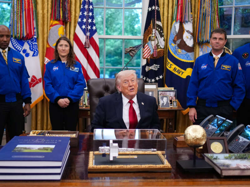 U.S. President Donald Trump speaks during an event with the Artemis II astronauts, pilot Victor Glover, mission specialist Christina Koch and commander Reid Wiseman in the Oval Office of the White House on April 29, 2026, in Washington, D.C.