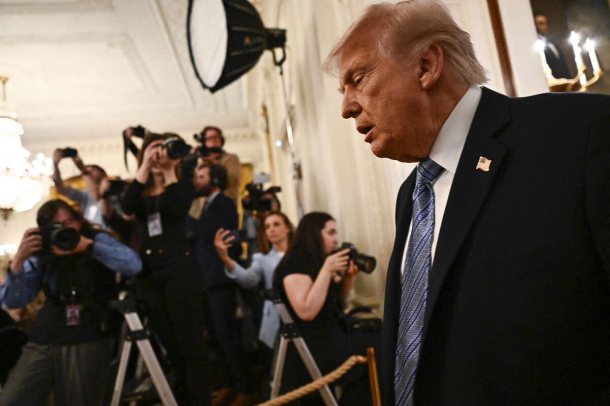 President Donald Trump leaves after participating in a Small Business Summit in the East Room of the White House in Washington, DC, on May 4, 2026.